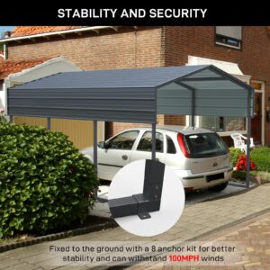 10x15 Ft Metal Carport, Heavy Duty Car Port with Galvanized Steel Roof, Outdoor Car Garage, Large Carport Canopy, Steel Car Shelter for Car, Boats and Truck, Charcoal Black