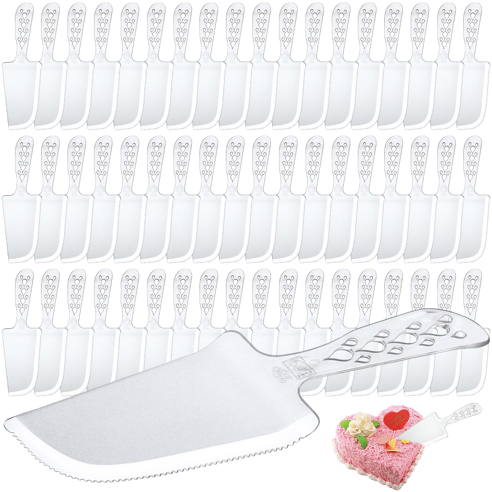 Aemygo 100 Pieces Disposable Plastic Cake Cutter, Disposable Clear Cake Cutter and Server, Plastic Cake Serving Knife Dessert Server Cutter Utensils for Pie Tart Pizza Pastry Kitchen Wedding Bakery