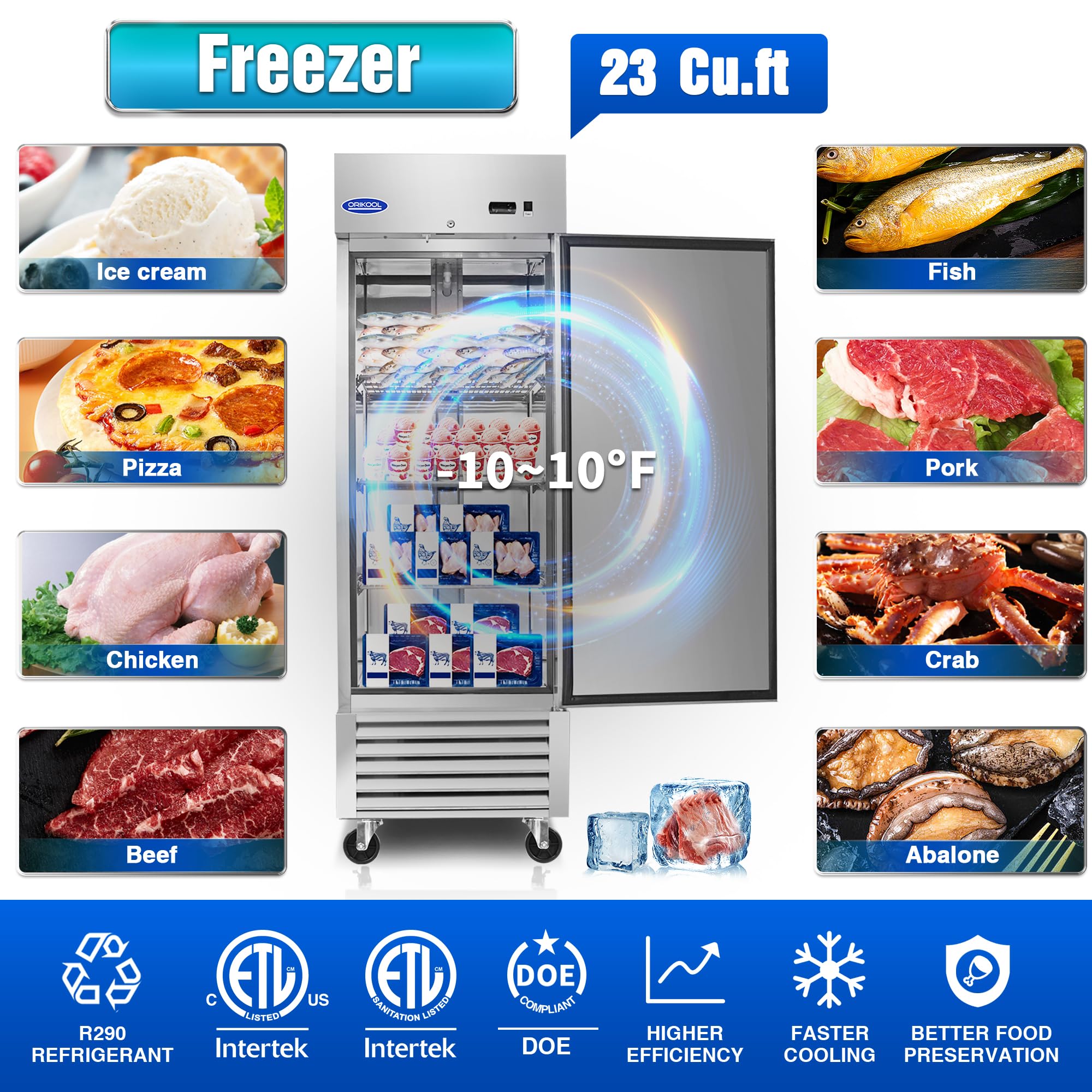 ORIKOOL 27"W Commercial Freezer Upright, -10℉ ~ 10℉ Stainless Steel Reach-in Freezer with 23 Cu.ft Capacity, Fan Cooling Single Door Freezer