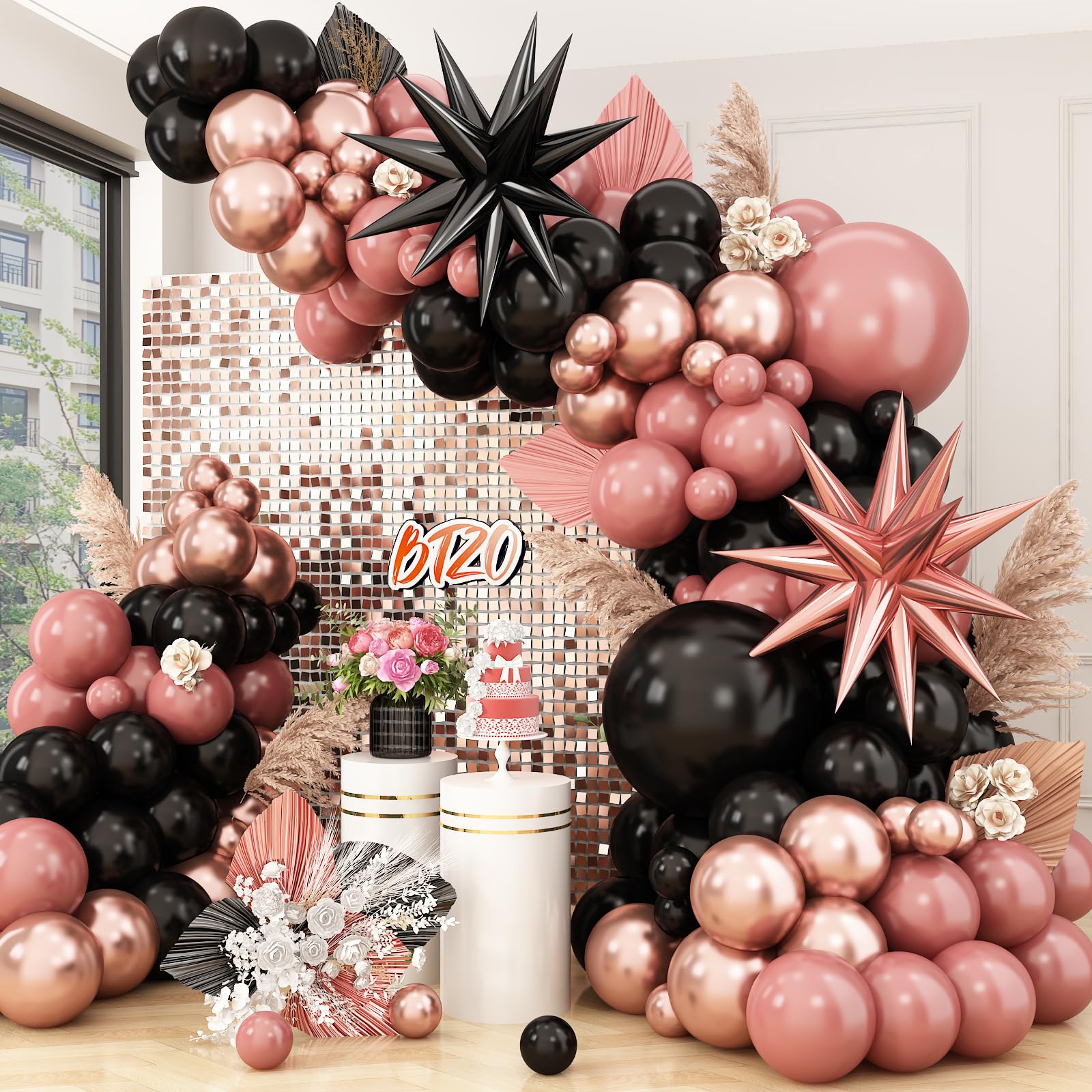 Dusty Pink and Black Balloon Arch,Balloon Garland with Star Foil Balloons Metallic Rose Gold Balloons Retro Pink Balloons for Birthday Wedding Bachelorette Party Decorations