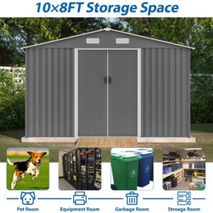 Favfurish 10×8 FT Metal Outdoor Storage Shed, Large Garden Sheds with Metal Foundation & Lockable Doors, All Weather Anti-Corrosion Galvanized Steel Tool House for Backyard Garden Lawn,Grey