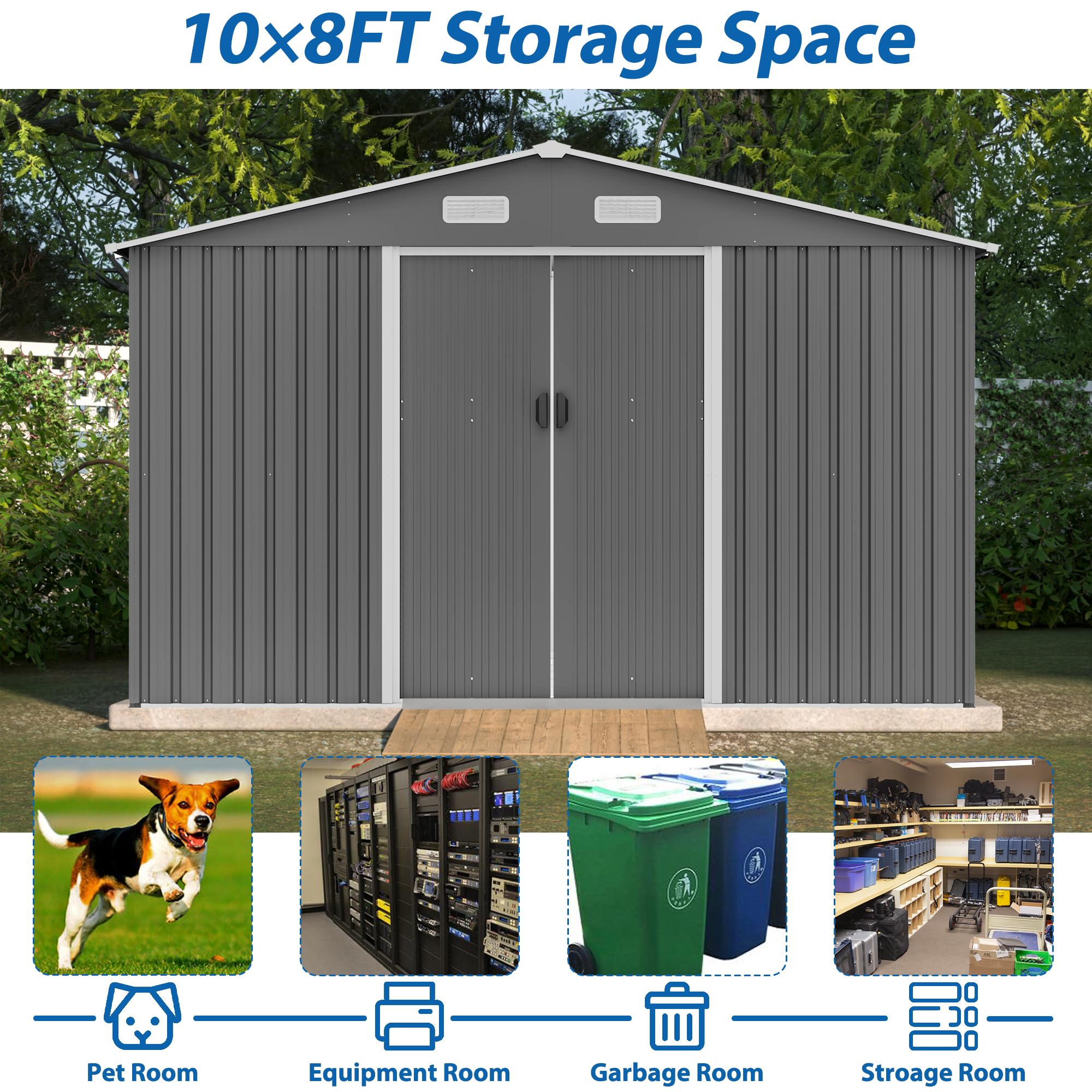 Favfurish 10×8 FT Metal Outdoor Storage Shed, Large Garden Sheds with Metal Foundation & Lockable Doors, All Weather Anti-Corrosion Galvanized Steel Tool House for Backyard Garden Lawn,Grey