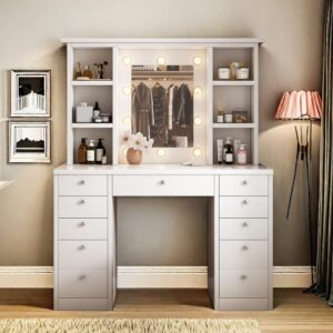 runboll vanity desk with mirror and lights, large makeup vanity with lots of storage, 45.3" l dressing table white with 10 bulbs, 4 open shelves and 11 drawers, 3 lighting modes, brightness adjustable