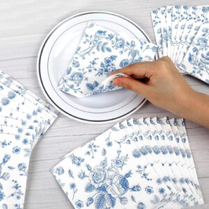 Lonfliness 120Pcs Blue Floral Napkins 2 Designs Flower Chinoiserie Paper Napkins Blue and White Disposable Decorations Dinner Dessert Supplies for Wedding Birthday Baby Bridal Shower Tea Party Decor