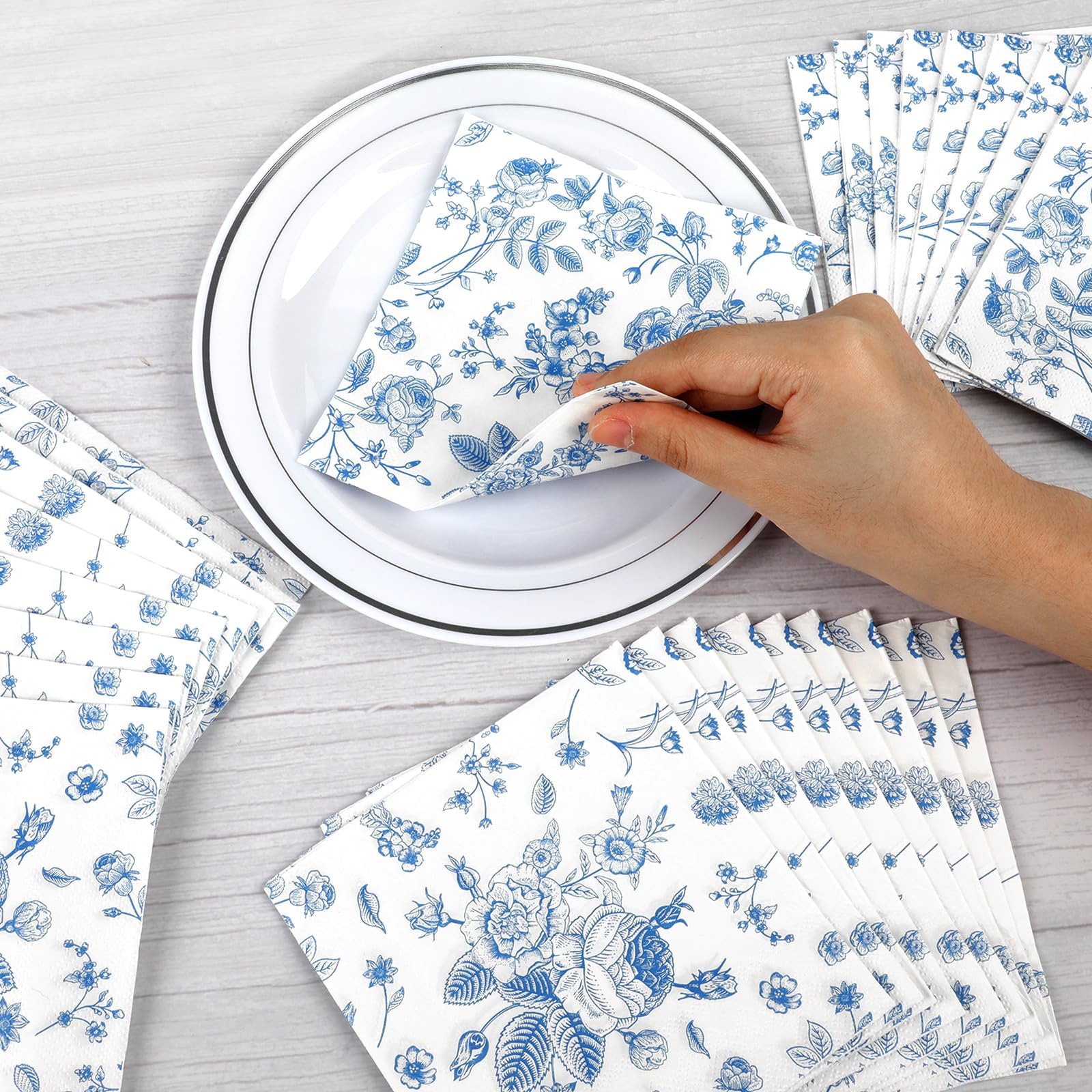 Lonfliness 120Pcs Blue Floral Napkins 2 Designs Flower Chinoiserie Paper Napkins Blue and White Disposable Decorations Dinner Dessert Supplies for Wedding Birthday Baby Bridal Shower Tea Party Decor