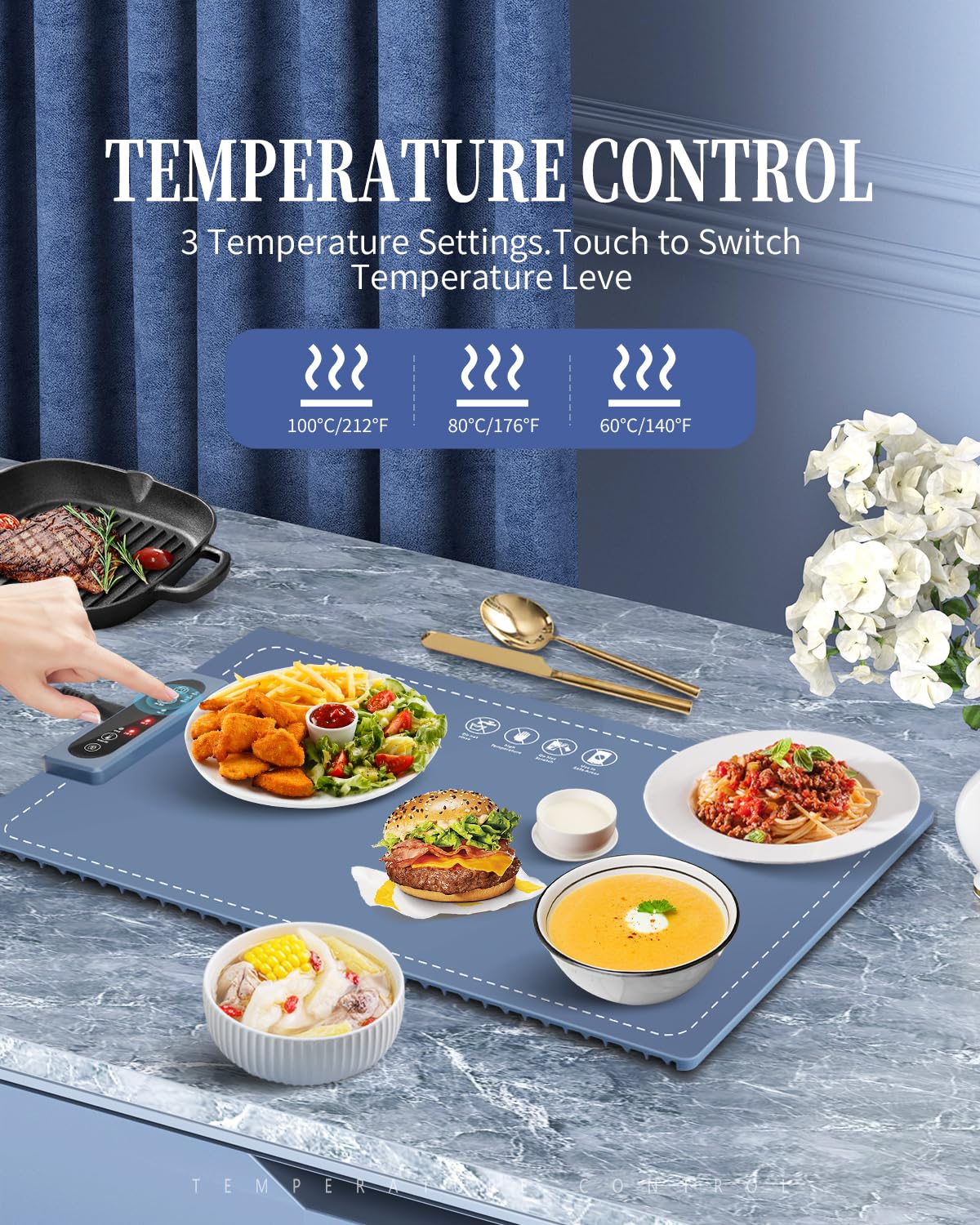 Food Warming Mat, Electric Warming Tray, Portable and Rollable, Premium Silicone Nano-Material, Fast Heating, 3 Temperature Settings & Auto Shut-Off for Buffet, Party, Thawing