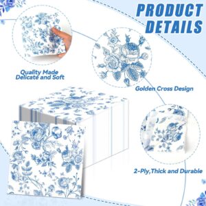 Lonfliness 120Pcs Blue Floral Napkins 2 Designs Flower Chinoiserie Paper Napkins Blue and White Disposable Decorations Dinner Dessert Supplies for Wedding Birthday Baby Bridal Shower Tea Party Decor