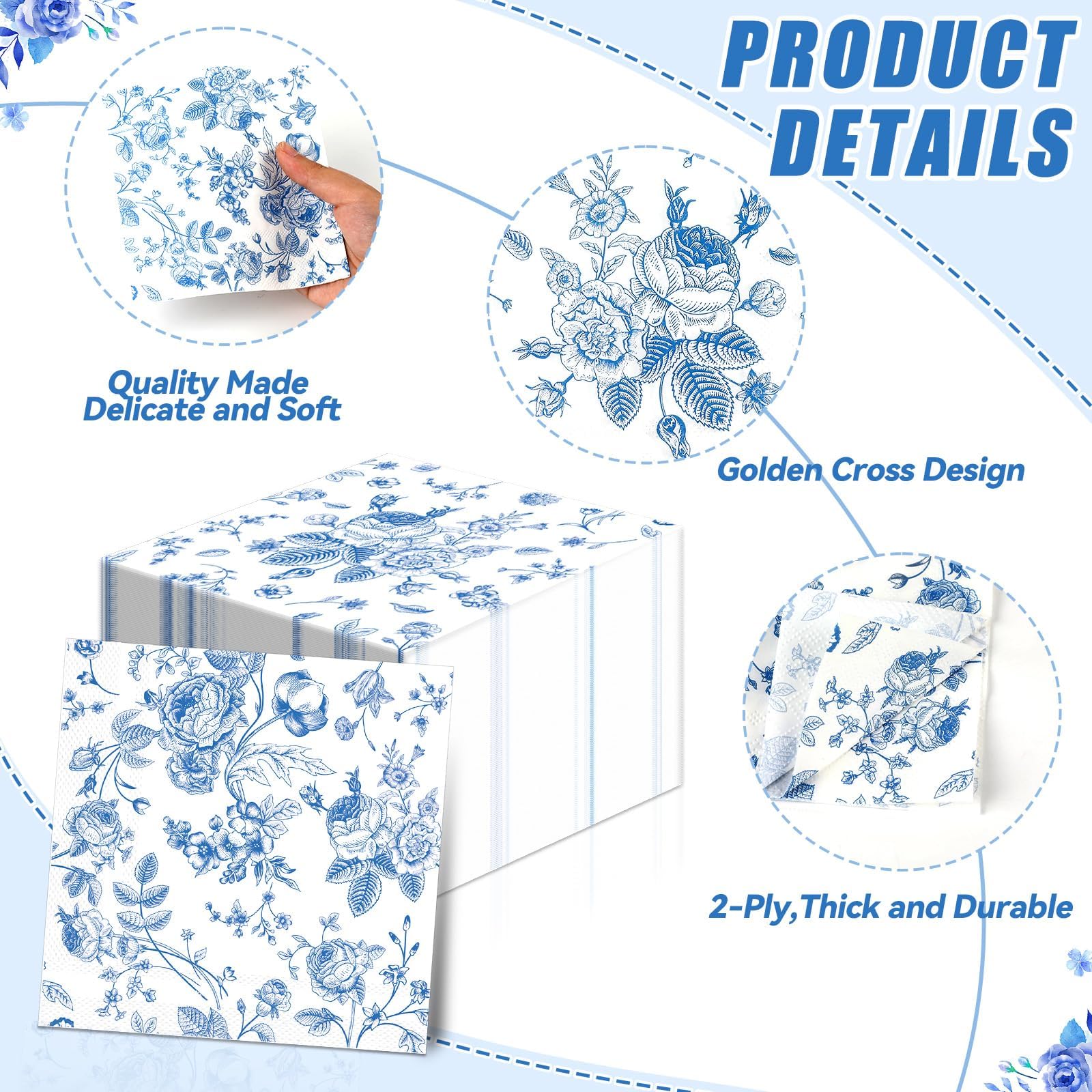 Lonfliness 120Pcs Blue Floral Napkins 2 Designs Flower Chinoiserie Paper Napkins Blue and White Disposable Decorations Dinner Dessert Supplies for Wedding Birthday Baby Bridal Shower Tea Party Decor