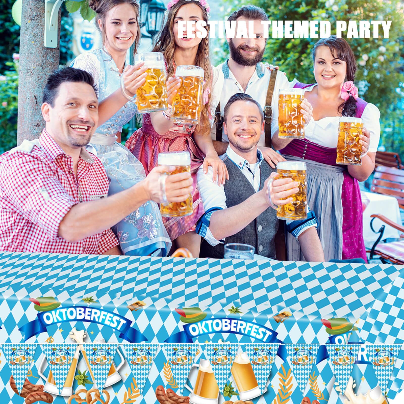 Oktoberfest Decorations Table Cloth Set, Octoberfest Blue White Diamonds Checkered Beer Party Rectangle Tablecloth Cover & Bavarian Pennant Banner Flag for Festival Themed Favors Supplies Gift Decor