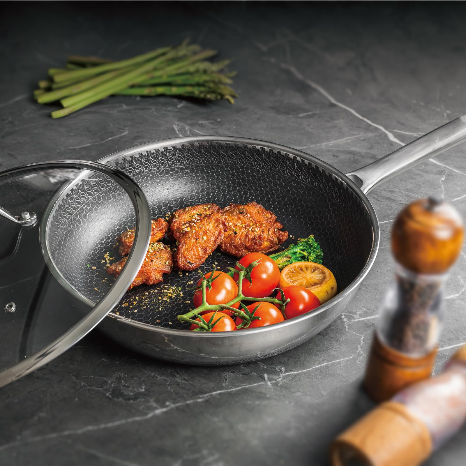 Bakoniion Hybrid Nonstick Frying Pan with Lid 12 Inch,Stainless Steel Honeycomb Pan Compatible with All Cooktops Dishwasher and Oven Safe