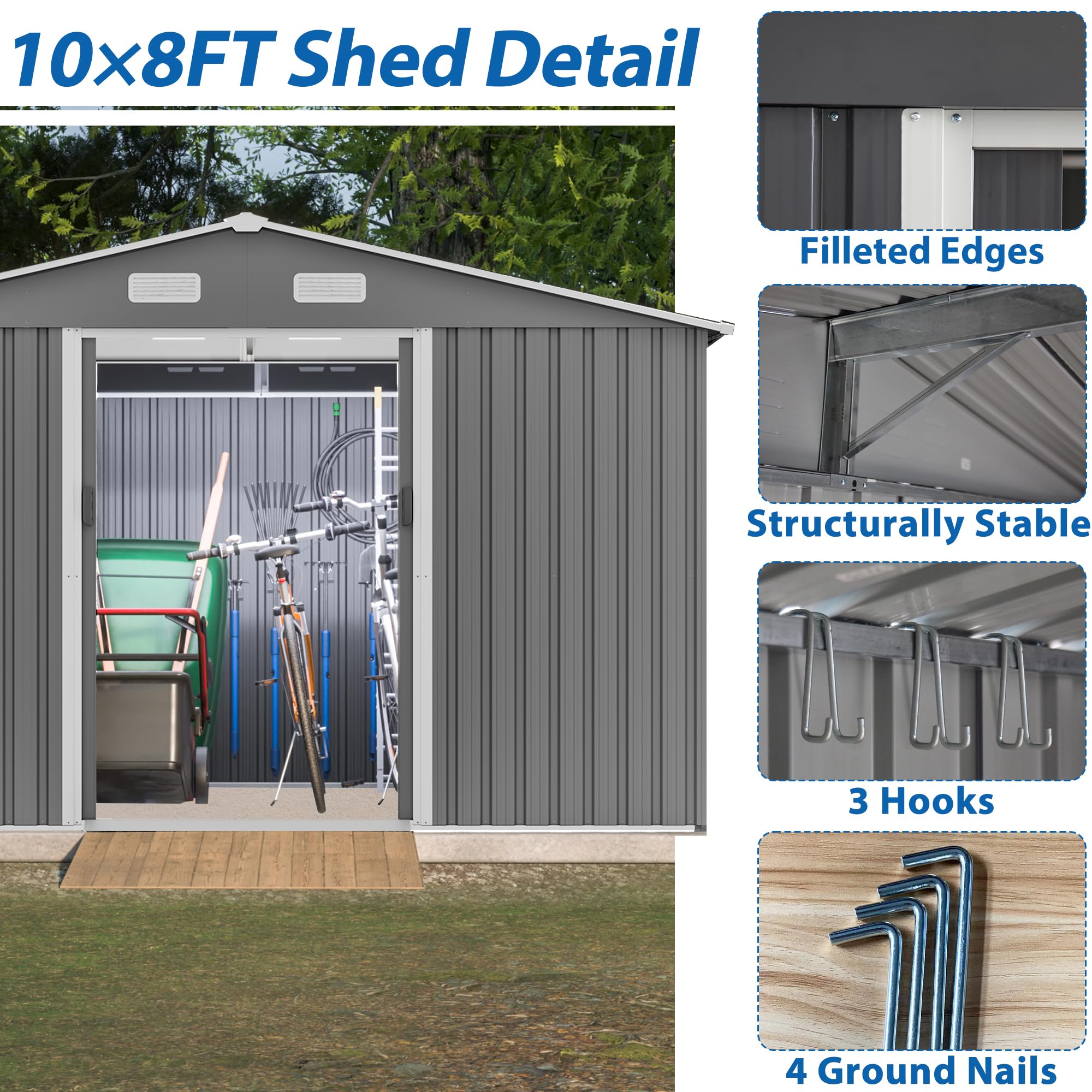 Favfurish 10×8 FT Metal Outdoor Storage Shed, Large Garden Sheds with Metal Foundation & Lockable Doors, All Weather Anti-Corrosion Galvanized Steel Tool House for Backyard Garden Lawn,Grey