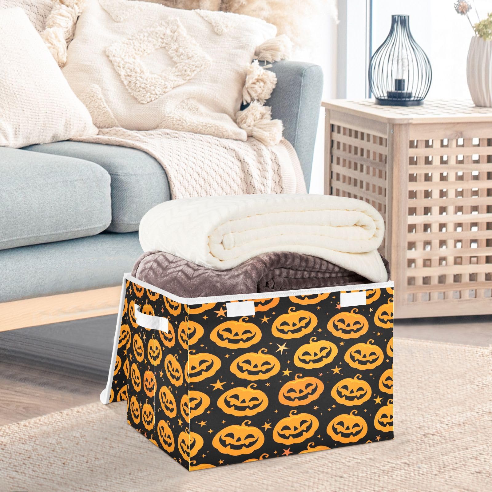 Takiito Orange Halloween Pumpkins Collapsible Storage Box with Lid & Handles, Fabric Storage Bin Organizer for Home Office Closet Bedroom Living Room, 16.5x12.6x11.8 in