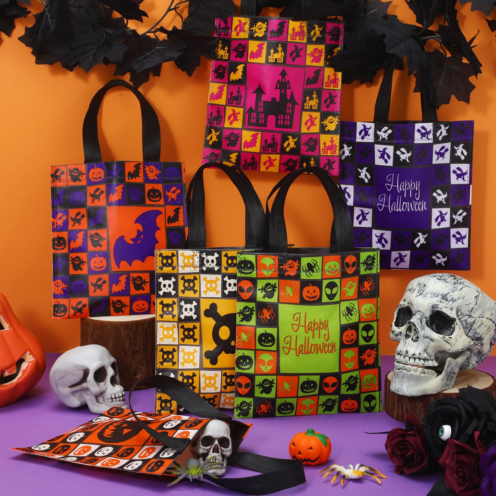 Ribbonlic 48 Pcs Halloween Treats Bags Halloween Tote Gift Bags Reusable Candy Goodie Bags for Halloween Party Favors(Creative Style)