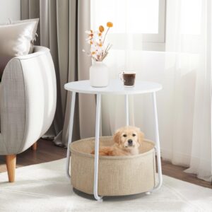 DUMOS Small Round Side End Table, Modern Nightstand with Fabric Storage Basket, Bedside Table for Living Room Bedroom (White & Beige