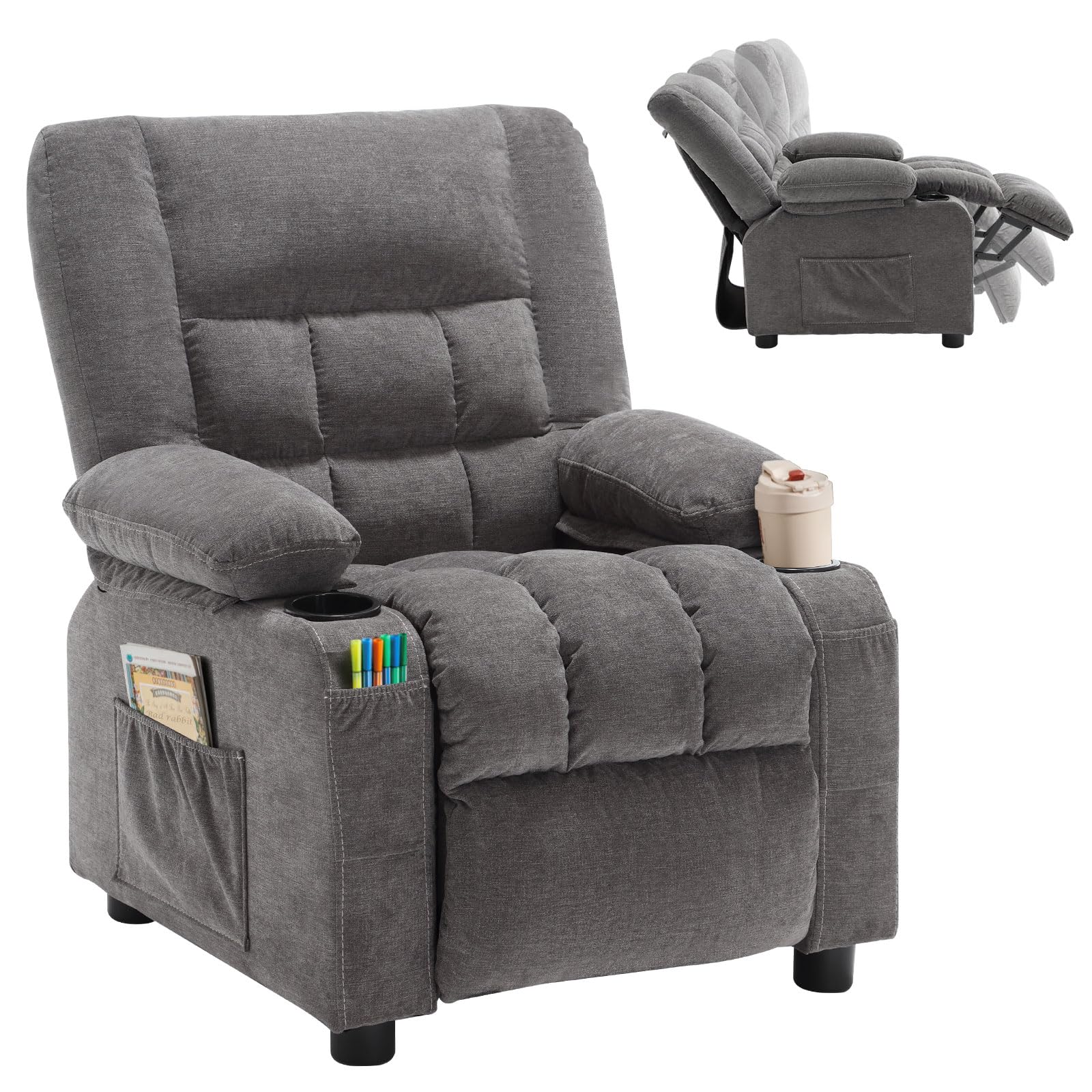 BOSMILLER Kids Recliner Chair， Push Back Toddler Recliner with Cup Holders & Side Pockets， Adjustable Footrest & Headrest Kids Sofa for Boys Girls 3+ Age Group (Deep Grey)