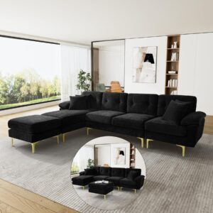 damaifrom u-shaped sectional sofa couch, 114" convertible l-shaped sectional sofa with chaise lounge, ottoman and pillows, modern chenille 4 seat sofa couch set for living room (black)