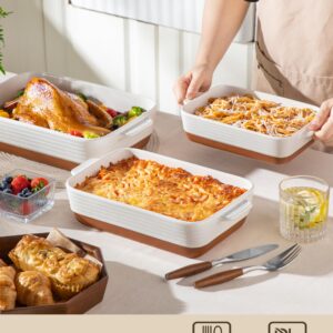 MALACASA Casserole Dishes for Oven, Ceramic Baking Dishes Set of 3, Baking Pan Casserole Dish Set, Rectangular Lasagna Pan Deep with Handles for Baking, Khaki White (14.5''/13''/10.5''), Series TARA