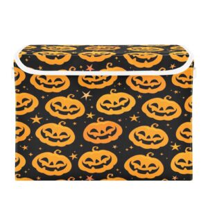 takiito orange halloween pumpkins collapsible storage box with lid & handles, fabric storage bin organizer for home office closet bedroom living room, 16.5x12.6x11.8 in