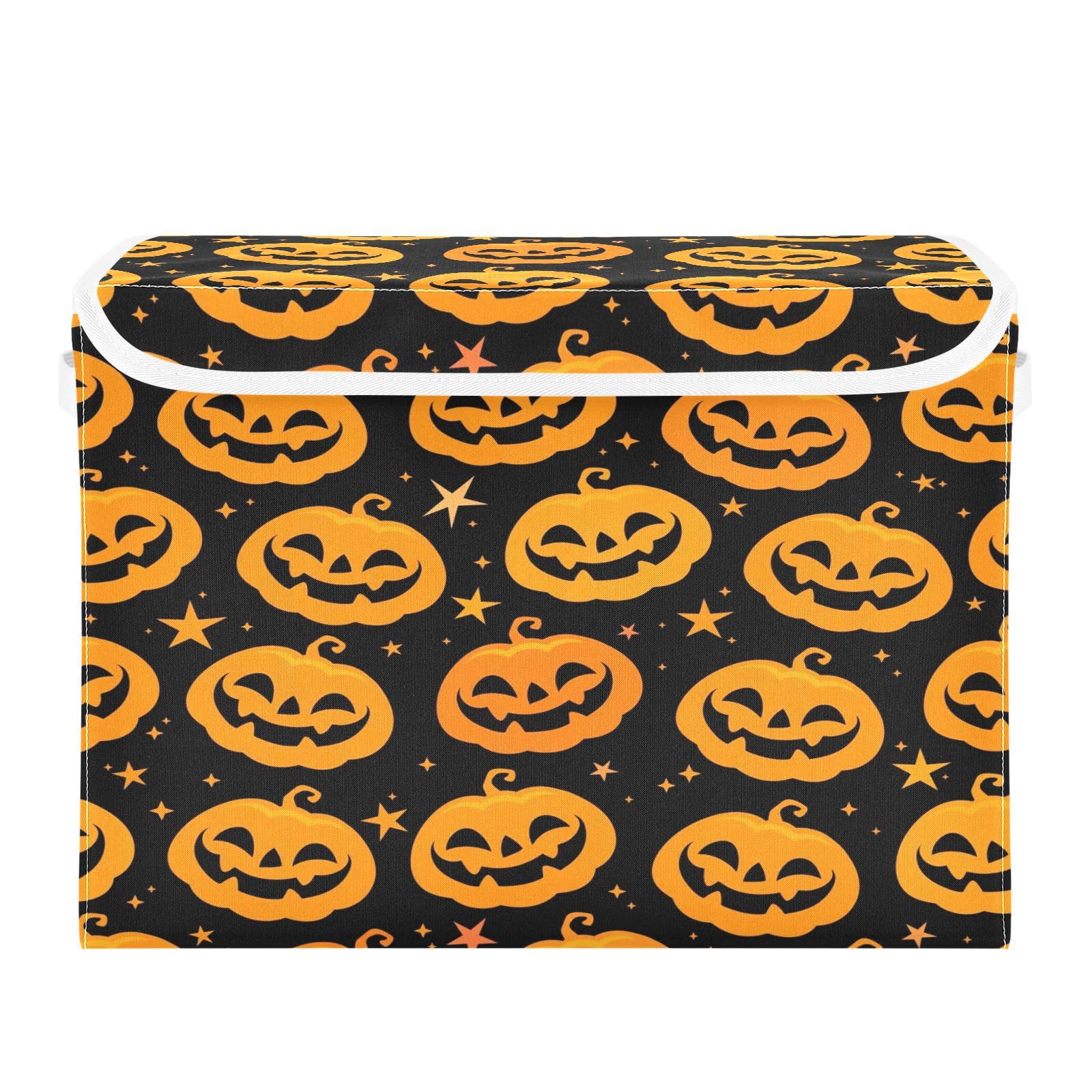 Takiito Orange Halloween Pumpkins Collapsible Storage Box with Lid & Handles, Fabric Storage Bin Organizer for Home Office Closet Bedroom Living Room, 16.5x12.6x11.8 in