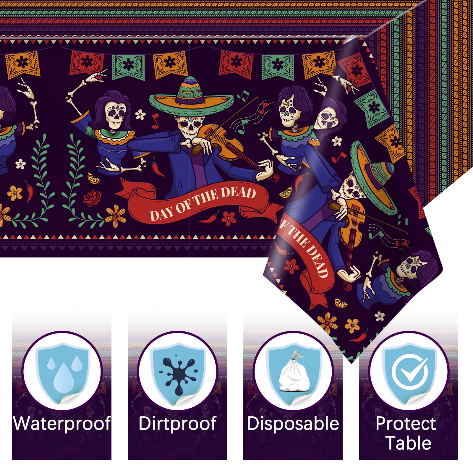 3pcs Day of The Dead Plastic Tablecloth Dia De Los Muertos Decor Sugar Skull Floral Table Cloth Disposable Rectangle Table Cover for Halloween Mexican Fiesta Birthday Coco Party Supplies(70 x 43 Inch)