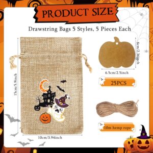 HUAERLE 25 Packs Halloween Burlap Bags, Halloween Burlap Gift Bags with Pumpkin Cards, Halloween Linen Jute Bag, 4''x6'' Drawstring Gift Bag, Trick or Treat Drawstring Bags for Halloween Party Favor