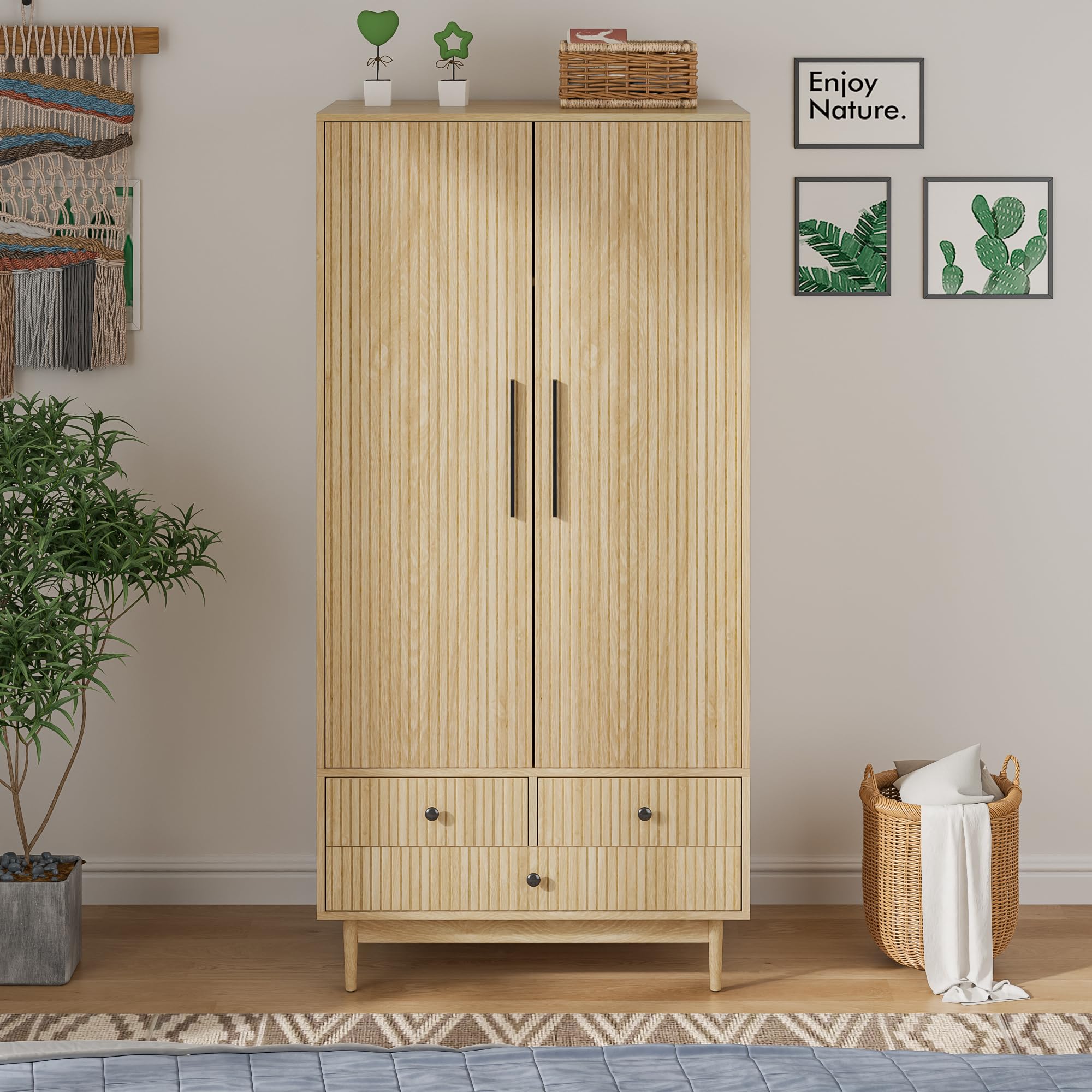 Mxtxmy Armoire Wardrobe Closet with 2 Fluted Doors,64.96" Wooden Clothes Storage Cabinet with Hanging Rod and Shelf Storage,Wardrobe Cabinet with 3 Drawers,Freestanding Closet for Bedroom,Natural