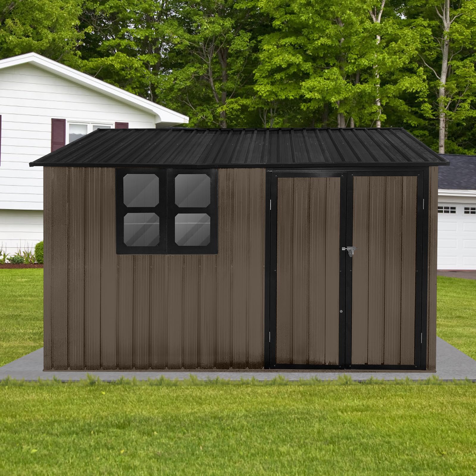 Favfurish 10×8FT Outdoor Metal Storage Garden Sheds Heavy Duty Gazebos Shed with Window and Punched Vents,Hinged Door & Padlock,for Backyard Garden Patio Lawn Bike,Brown