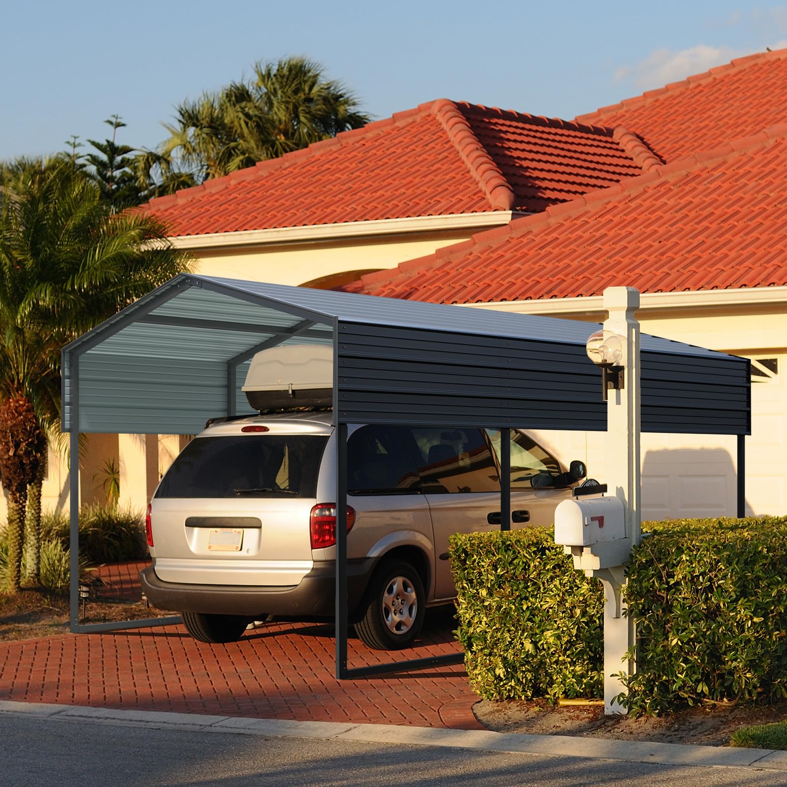 10x15 Ft Metal Carport, Heavy Duty Car Port with Galvanized Steel Roof, Outdoor Car Garage, Large Carport Canopy, Steel Car Shelter for Car, Boats and Truck, Charcoal Black