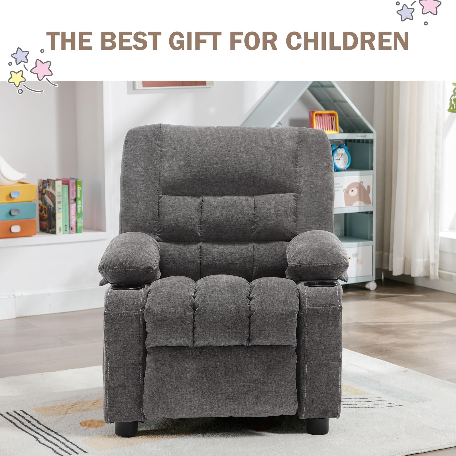 BOSMILLER Kids Recliner Chair， Push Back Toddler Recliner with Cup Holders & Side Pockets， Adjustable Footrest & Headrest Kids Sofa for Boys Girls 3+ Age Group (Deep Grey)