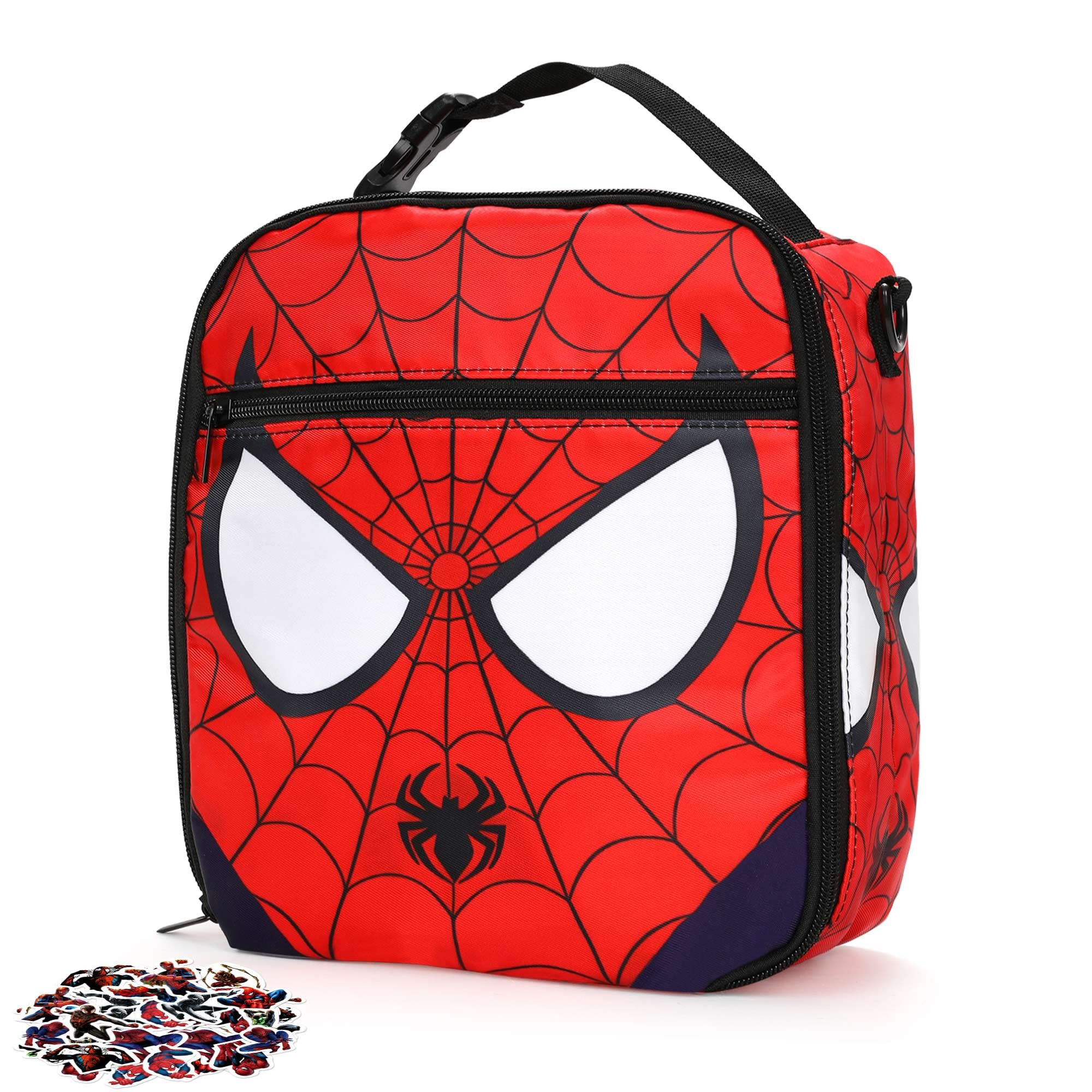 Yeeqoux Spider Lunch Bag with Stickers - 10 Inch Cartoon Superhero Insulated Lunchbox Stickers Large Capacity Waterproof Reusable Lunch Bag Back to School Birthday Gifts for Kids Boys Girls Adults