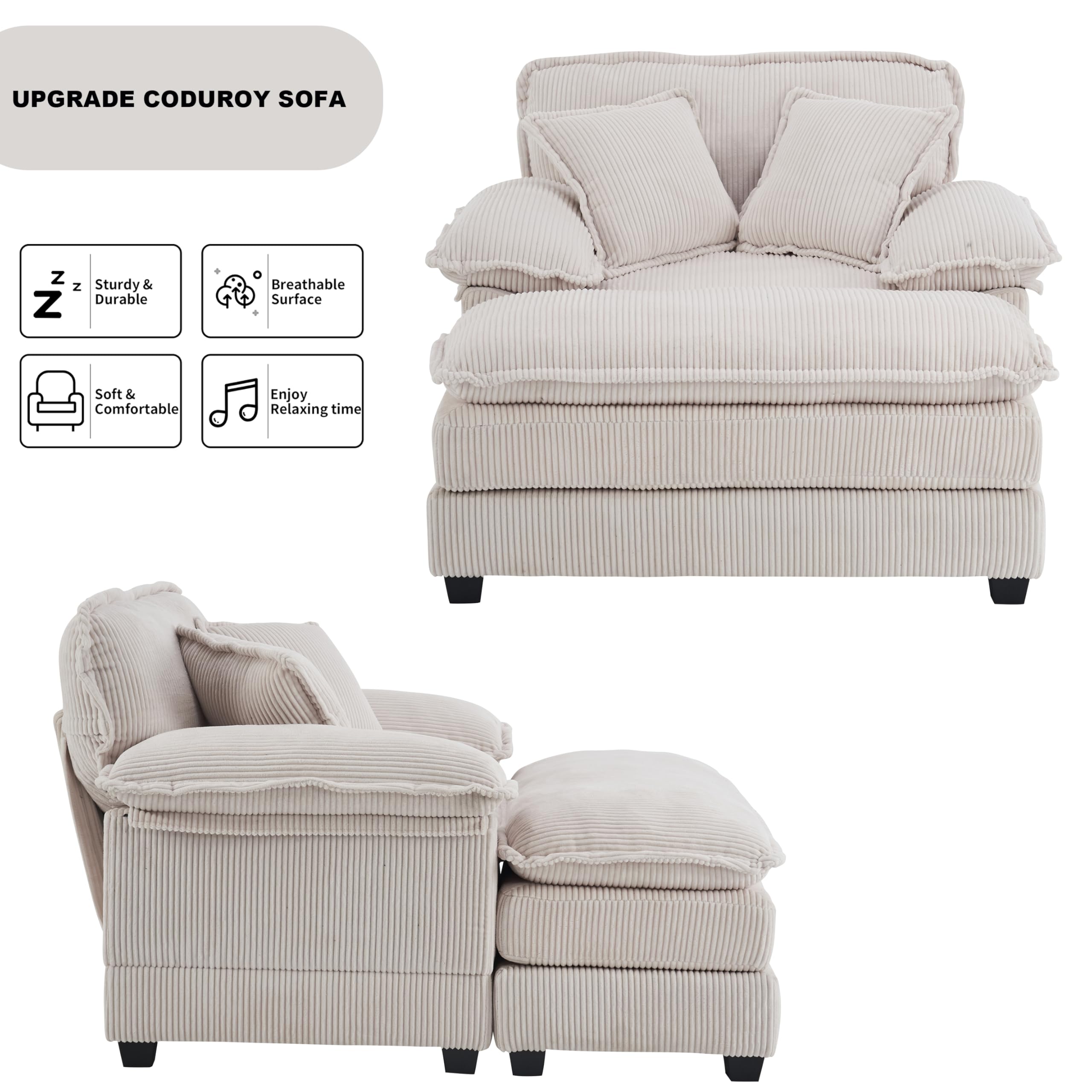 Corduroy Overstuffed Chaise Lounge Chair, Oversized 47" W Single Sofa Ottoman & Pillows,Comfy Deep Seat Cloud Sofa Couch for Living Room Bedroom Nursery (Cream White)