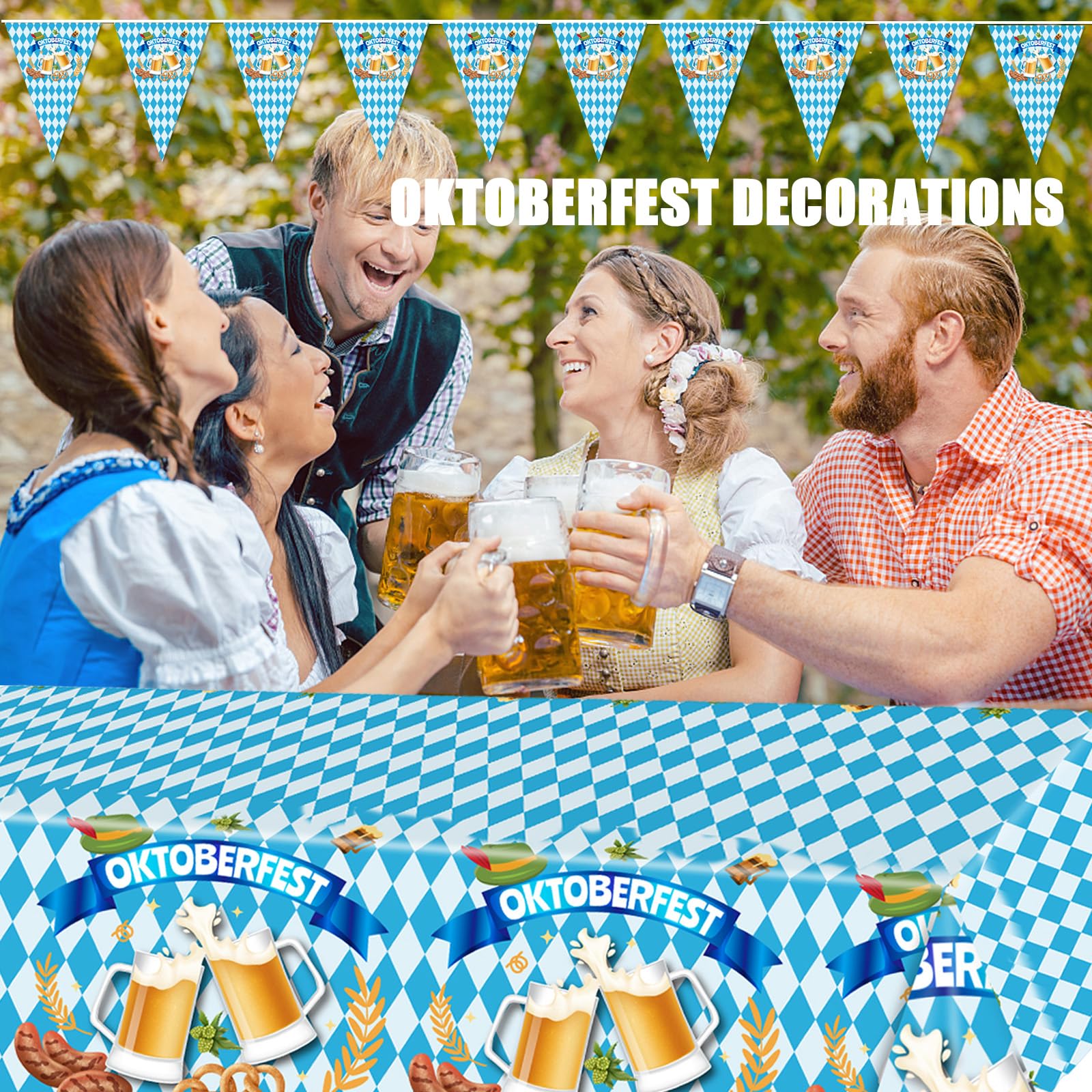 Oktoberfest Decorations Table Cloth Set, Octoberfest Blue White Diamonds Checkered Beer Party Rectangle Tablecloth Cover & Bavarian Pennant Banner Flag for Festival Themed Favors Supplies Gift Decor