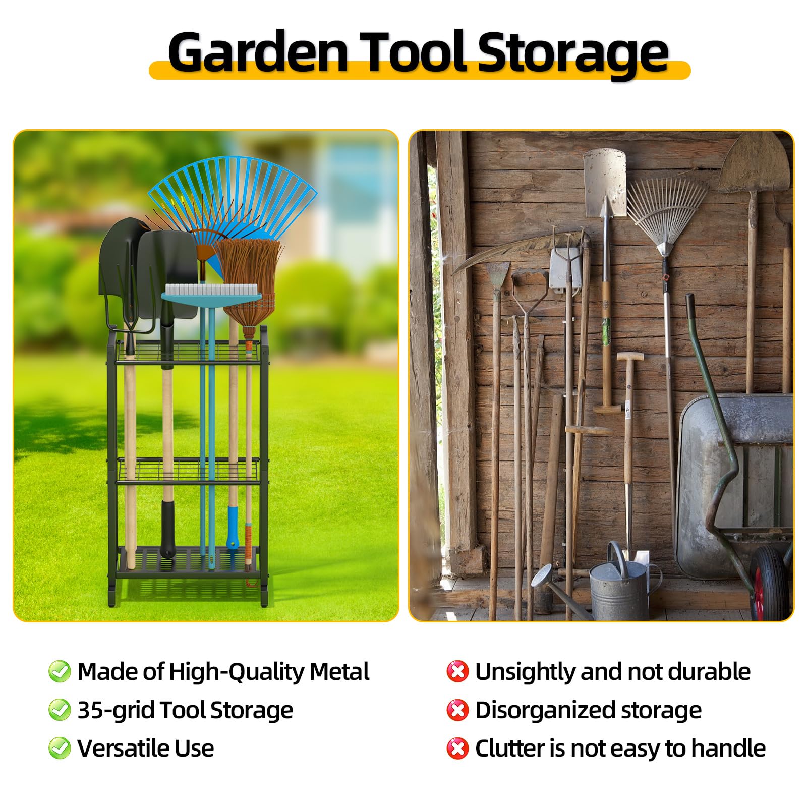 KDSOM Garden Tool Organizer for Garage，Garden Tool Storage Rack with Wheels，Yard Tool Holder for Garage, Shed, Outdoor, Tool Stand