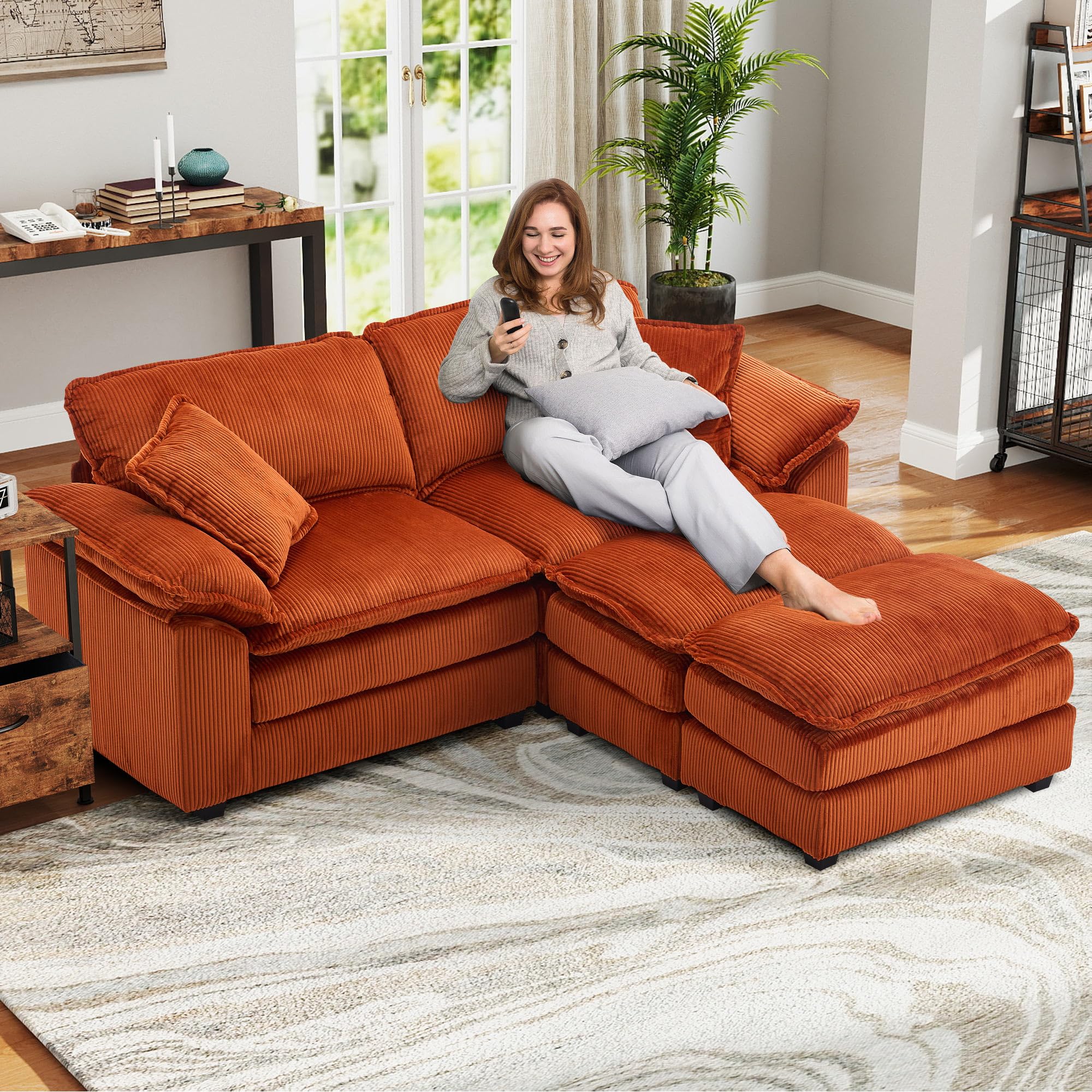 84.6'' Modular Sectional Sofa Cloud Couch for Living Room, Modern Corduroy Double Layer Upholstered Loveseat Sofa, Comfy Sleeper Sofa with Ottoman, 2 Pillows and Detachable Armrest, Orange