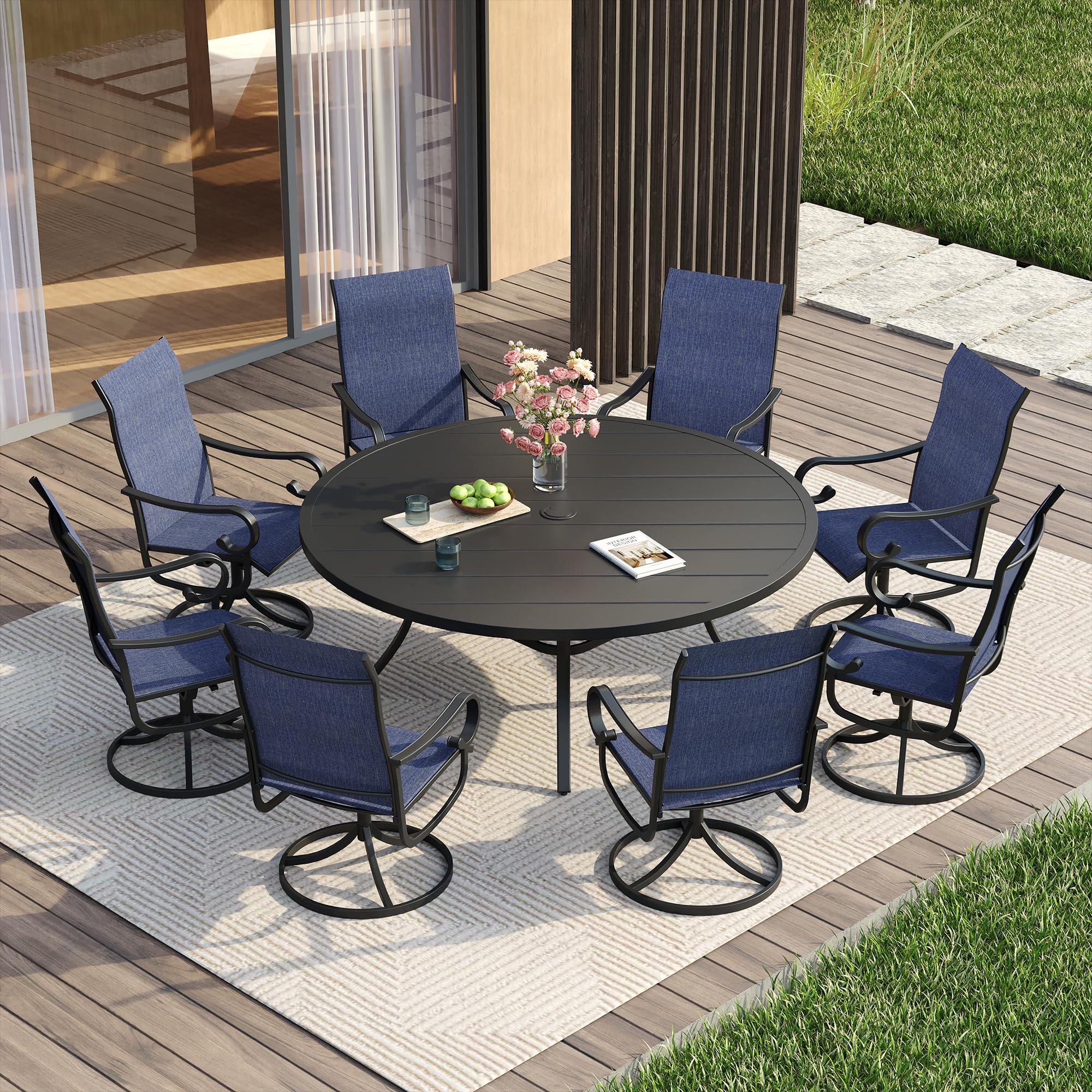 VICLLAX Swivel Patio Chairs Set of 4, 360-degree All-Weather Outdoor Swivel Chairs for Lawn Garden, Patio Dining Chairs, Black Metal Frame and Blue Textilene Mesh Fabric