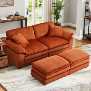 84.6'' Modular Sectional Sofa Cloud Couch for Living Room, Modern Corduroy Double Layer Upholstered Loveseat Sofa, Comfy Sleeper Sofa with Ottoman, 2 Pillows and Detachable Armrest, Orange