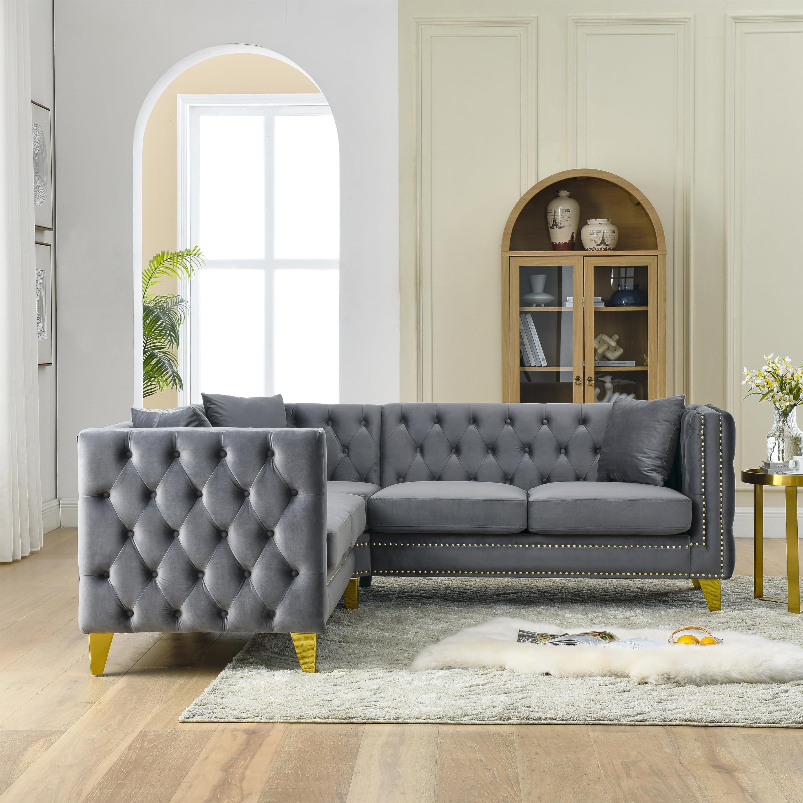 VITOVMA L-shaped Velvet Corner Couch, 82.2'' Chesterfield Sofa 5 Seater Upholstered Tufted Small Sectional Couch with Nailhead Trim, for Living Room, Home, Apartment, Dorm (Grey)