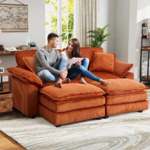 84.6'' modular sectional sofa cloud couch for living room, modern corduroy double layer upholstered loveseat sofa, comfy sleeper sofa with ottoman, 2 pillows and detachable armrest, orange