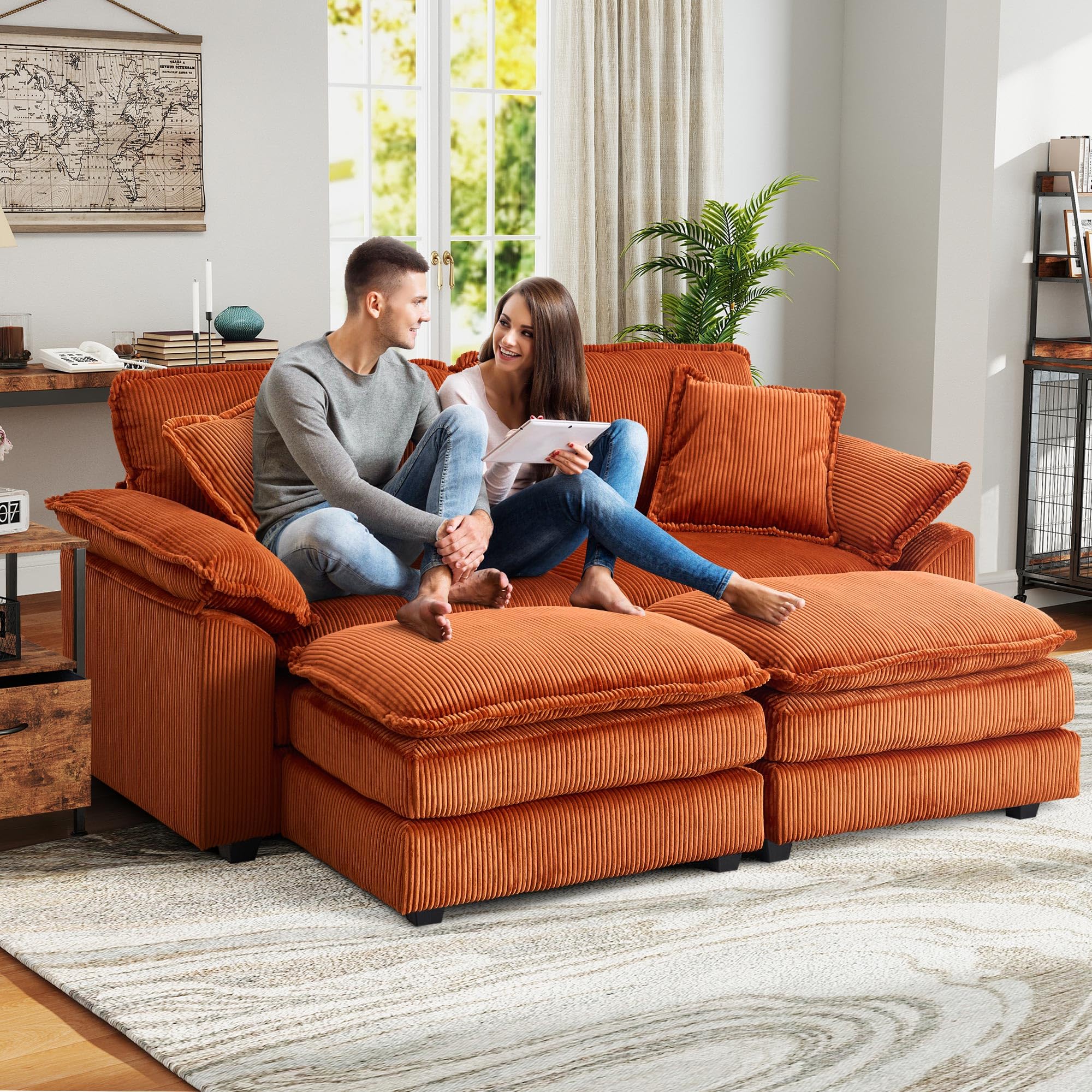 84.6'' Modular Sectional Sofa Cloud Couch for Living Room, Modern Corduroy Double Layer Upholstered Loveseat Sofa, Comfy Sleeper Sofa with Ottoman, 2 Pillows and Detachable Armrest, Orange