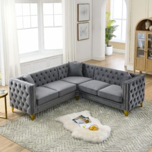 vitovma l-shaped velvet corner couch, 82.2'' chesterfield sofa 5 seater upholstered tufted small sectional couch with nailhead trim, for living room, home, apartment, dorm (grey)