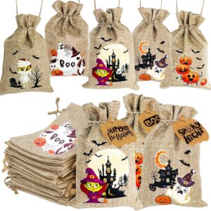 huaerle 25 packs halloween burlap bags, halloween burlap gift bags with pumpkin cards, halloween linen jute bag, 4''x6'' drawstring gift bag, trick or treat drawstring bags for halloween party favor