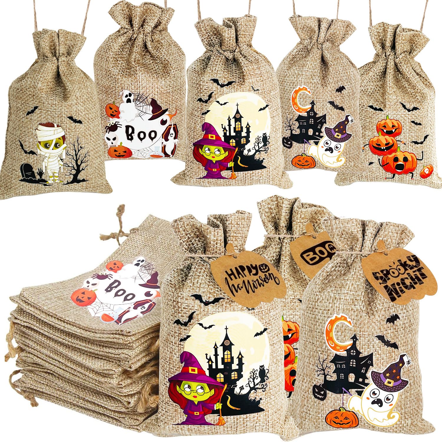 HUAERLE 25 Packs Halloween Burlap Bags, Halloween Burlap Gift Bags with Pumpkin Cards, Halloween Linen Jute Bag, 4''x6'' Drawstring Gift Bag, Trick or Treat Drawstring Bags for Halloween Party Favor