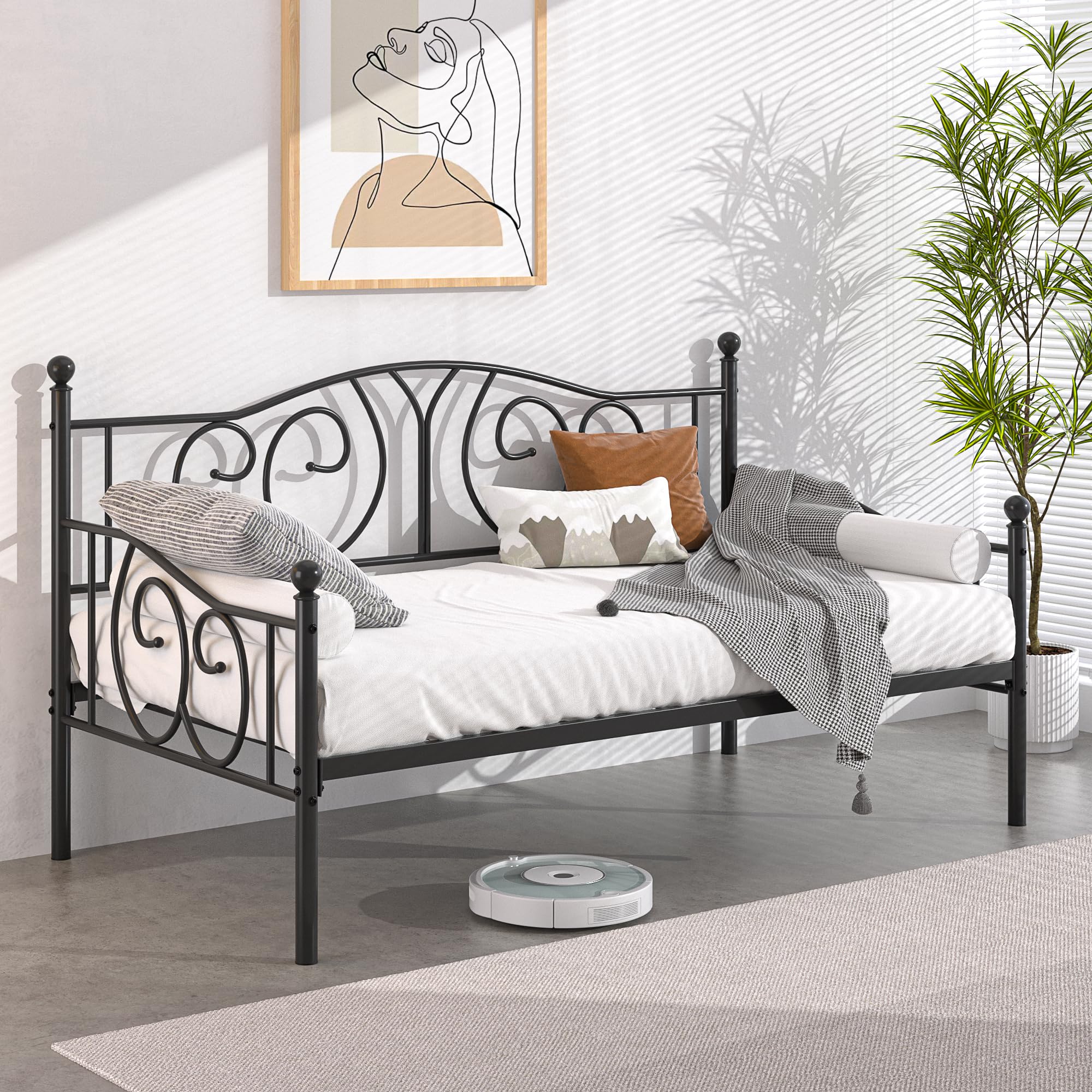 VECELO Metal Daybed Frame Multifunctional Platform Bed Sofa Mattress Foundation with Classic Headboard, Twin, Black