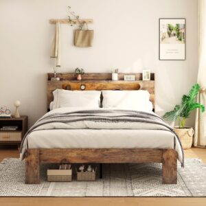 SAMTRA Wooden Queen Size Bed Frame with Storage Headboard, Farmhouse Platform Bedframe with Charging Station & Led Lights, Sturdy Wood Slat Framework, Easy Assembly (Rustic Brown Led)