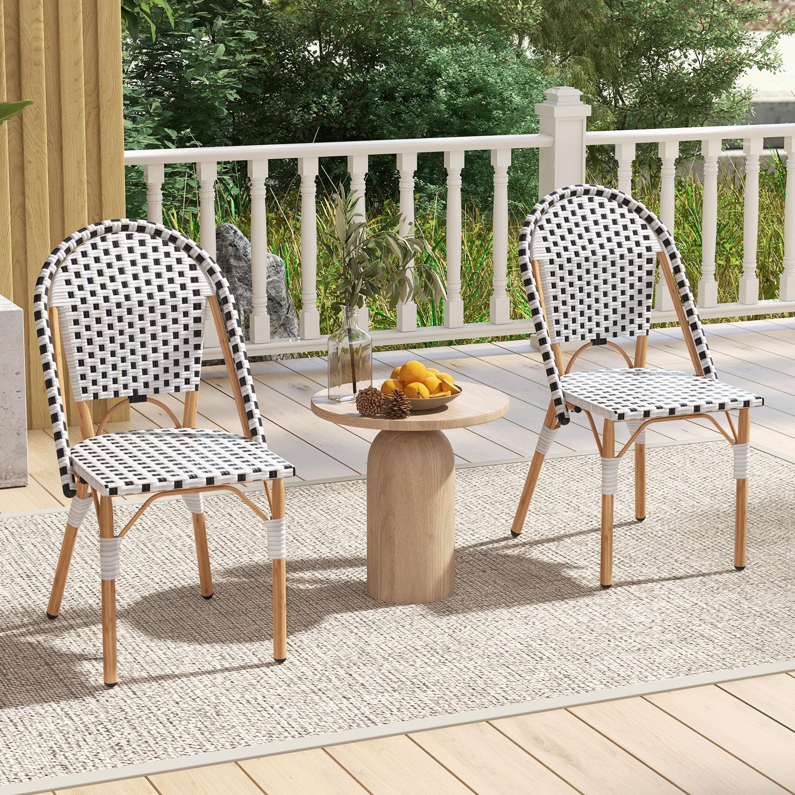 Tangkula French Bistro Chair Set of 4, Outdoor Armless Dining Chairs with Hand-Woven Rattan, Accent Chairs with Galvanized Metal Frame for Garden Kitchen Backyard Porch (Black & White)