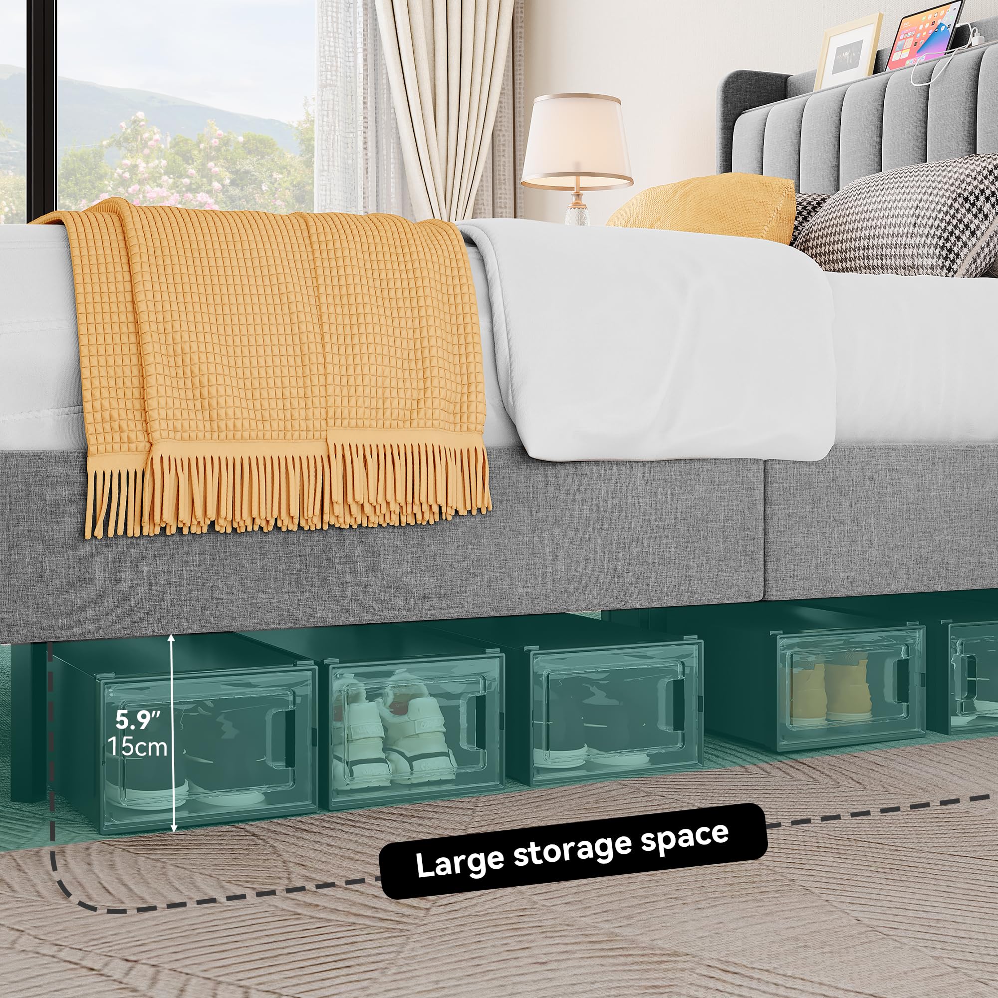 DWVO Floating Bed Frame Queen Size, LED Bed Frame with Charging Station & Hidden Legs, Upholstered Platform Bed with Bookcase Headboard, Robust Steel Structure & Easy Assembly, Grey