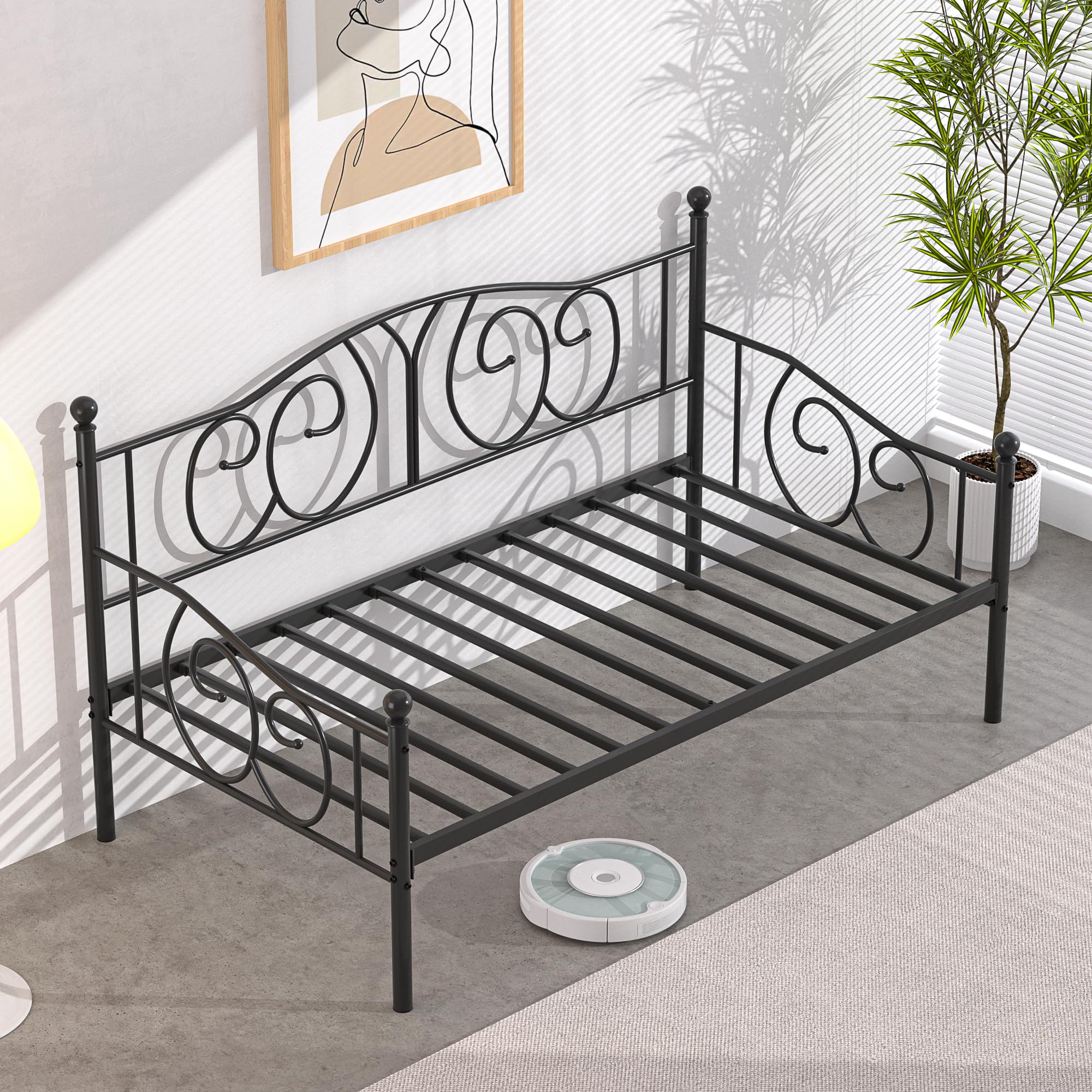 VECELO Metal Daybed Frame Multifunctional Platform Bed Sofa Mattress Foundation with Classic Headboard, Twin, Black