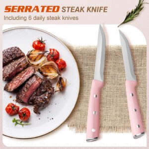 Pink Knife Set,15 Pieces Professional Kitchen Knife Set with Universal Knife Block, Super Sharp Knife Set with Ergonomic Handle Non-stick Stainless Steel Knife Block Set (Pink-15 Pieces)