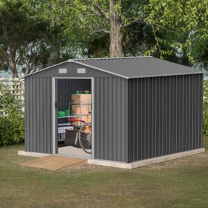 favfurish 10×8 ft metal outdoor storage shed, large garden sheds with metal foundation & lockable doors, all weather anti-corrosion galvanized steel tool house for backyard garden lawn,grey