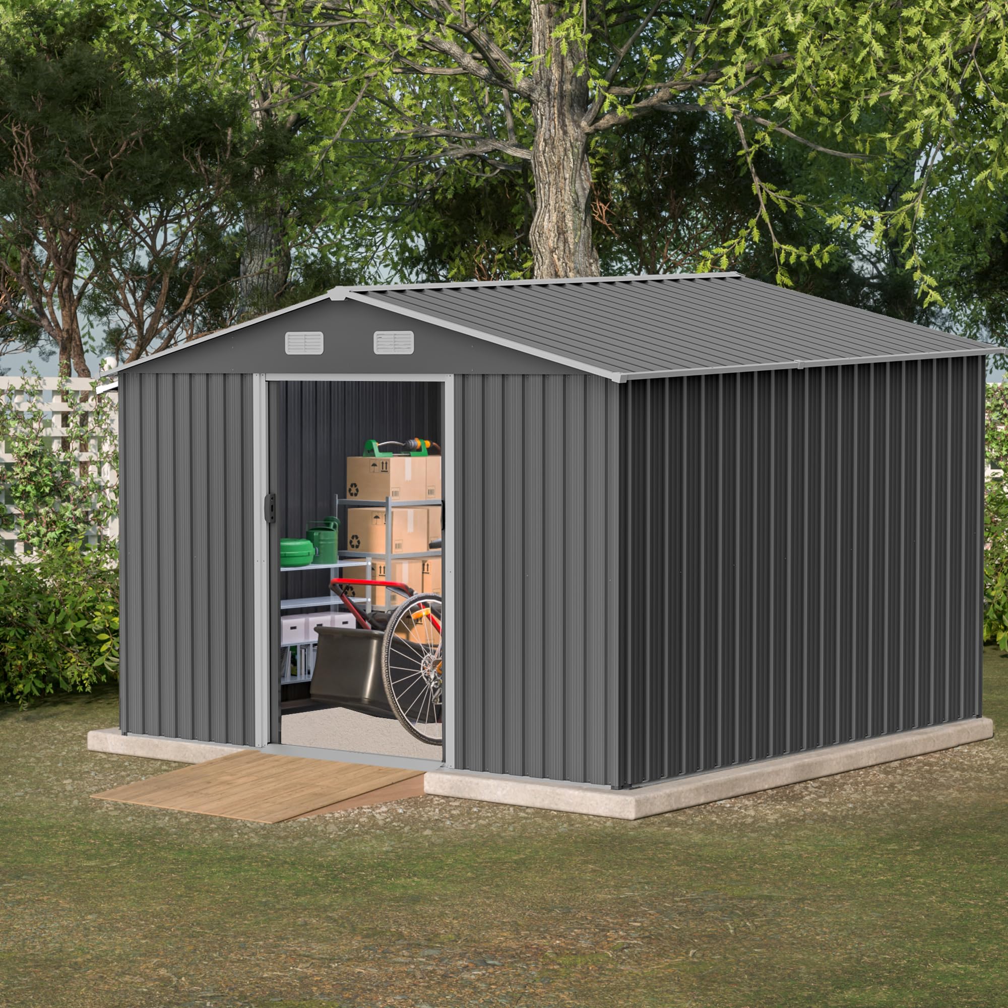 Favfurish 10×8 FT Metal Outdoor Storage Shed, Large Garden Sheds with Metal Foundation & Lockable Doors, All Weather Anti-Corrosion Galvanized Steel Tool House for Backyard Garden Lawn,Grey